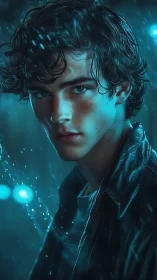 Young man in rain with teal cinematic lighting portrait.