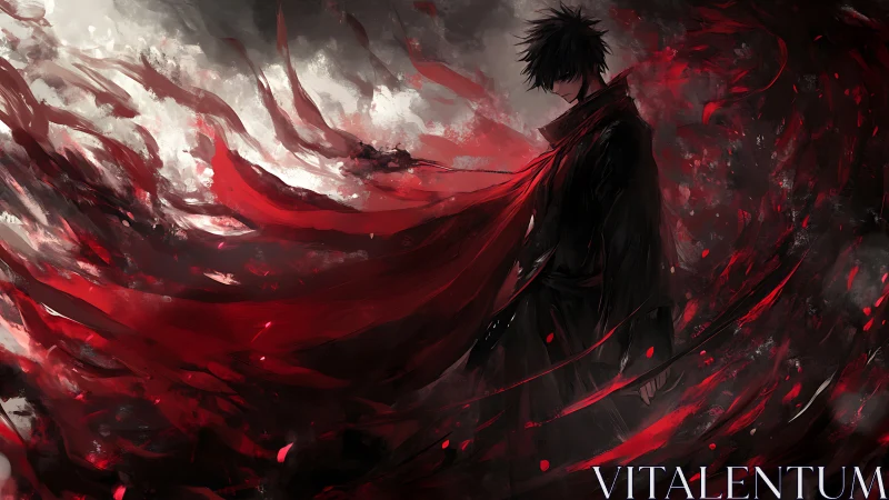 Dark anime warrior with swirling red energy cloak.
