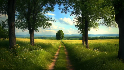 Tree-lined country path through sunlit meadow to distant hills