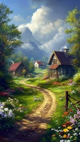 Country path through colorful cottages and mountain valley.