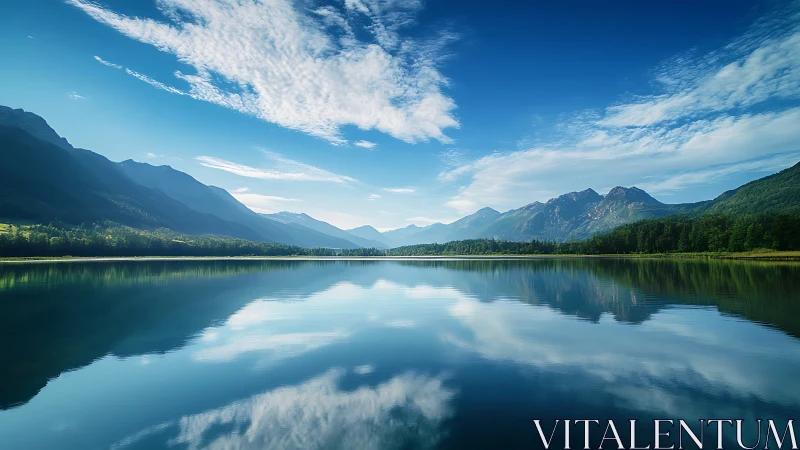 Mountain lake panorama with mirrored alpine skyline.