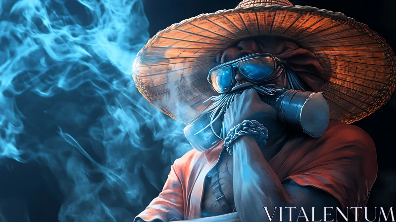 Desert drifter coolly contemplates within neon vapor haze