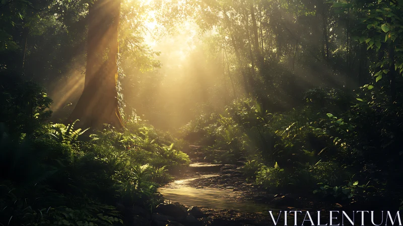 Sunlit Forest Stream Through Ancient Trees.