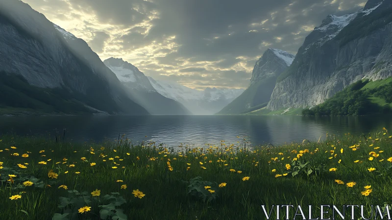 Mountain lake valley unfolds under dramatic cloudy skies.