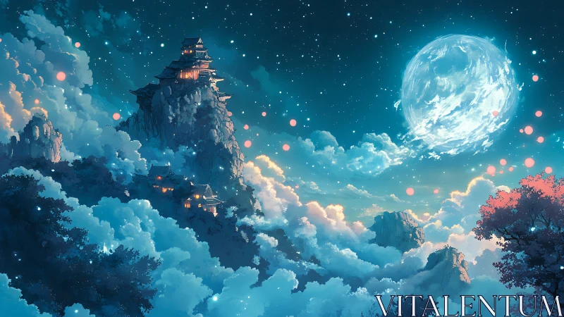 Mountain temple complex floats above clouds under luminous moon