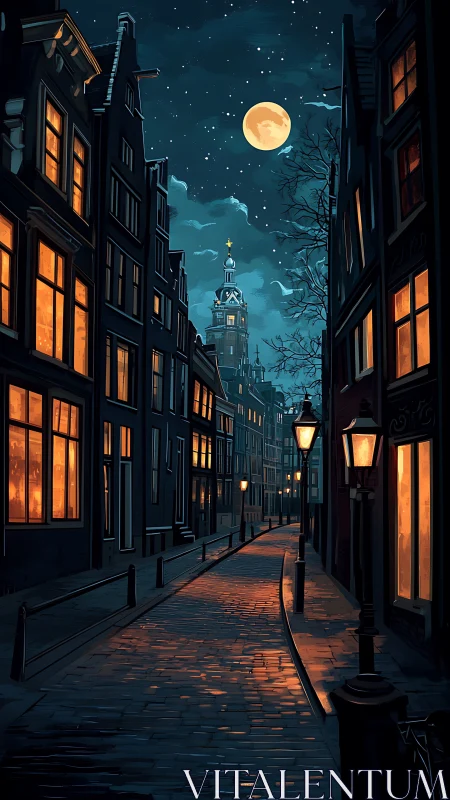 Nocturnal canal street with moonlit cobblestones and tower.