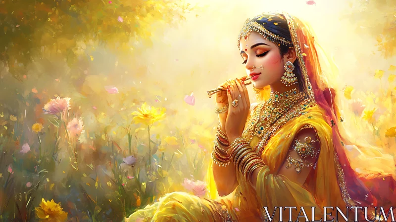 Ornate Indian woman in yellow sari playing flute in sunlit meadow