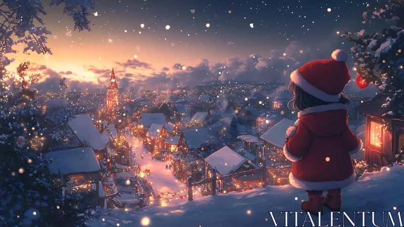 Snowy Christmas village vista with child in red coat.