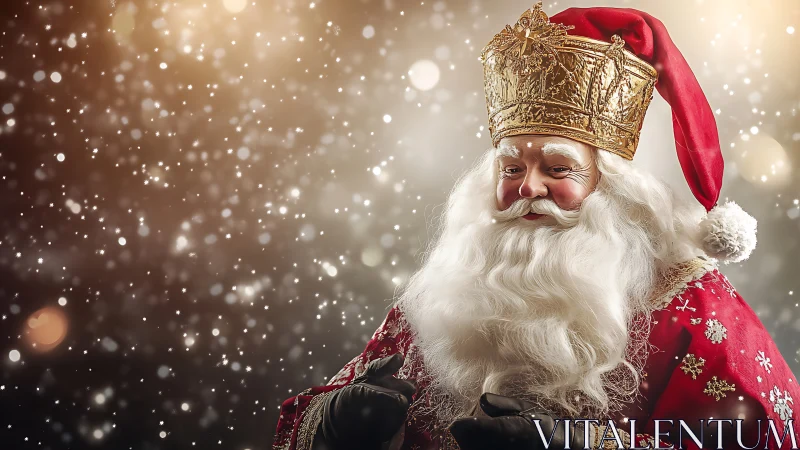 Santa Claus portrait in ornate crown against snowfall background.