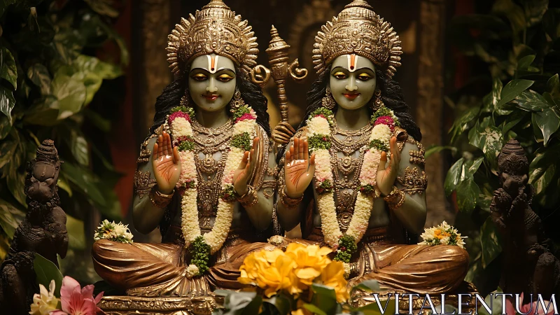 Symmetrical Hindu deities in detailed sculptural shrine lighting study