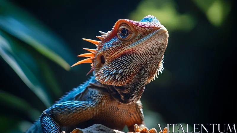 Photorealistic portrait of a spiny lizard in botanical chiaroscuro.