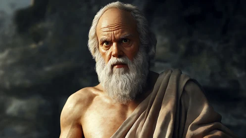 Stoic elder in classical robe under dramatic lighting.