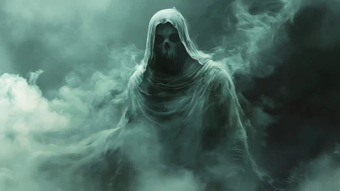 Mysterious hooded spirit wandering through swirling mist.