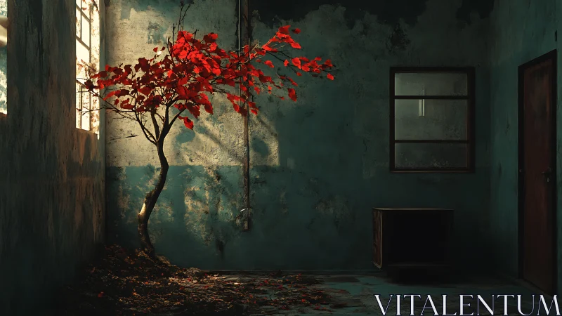 Red tree rewrites silence inside a forgotten teal room