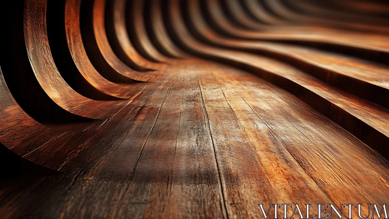 Curved wooden corridor surface rendered in warm photoreal light