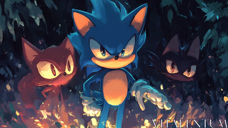 Dynamic blue hedgehog leads twin shadows through firelit forest.