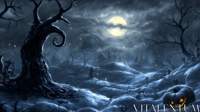 Moonlit haunted pumpkin field under twisted dead trees.