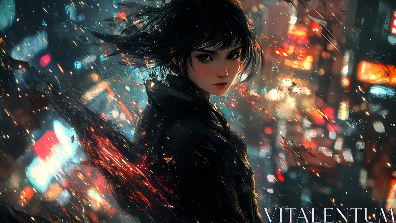 Neon ember girl drifting through glitch-lit city rain.