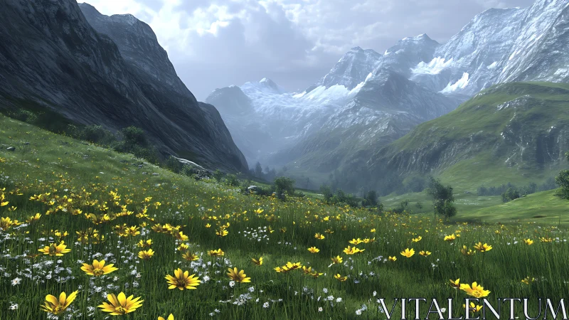 Mountain valley meadow with wildflowers under cloudy sky.