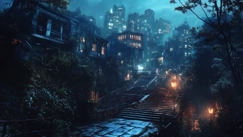 Rainy city stairway glowing with cozy lantern-lit warmth.