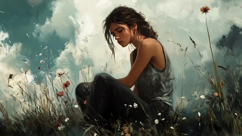 Solitary young woman in wildflower field under painterly sky.