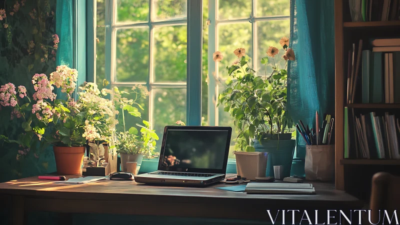 Sunlit home office desk with laptop and flowering window plants
