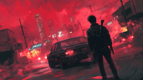 Lone gunman surveys burning neon city streets at dusk.