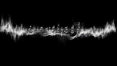 Music notes flow through abstract white sound waves on black.