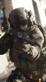 Tactical ghost strides through sparks with rifle leveled true