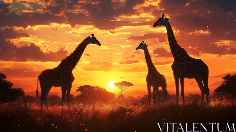 Giraffe silhouettes stand against vivid African savanna sunset