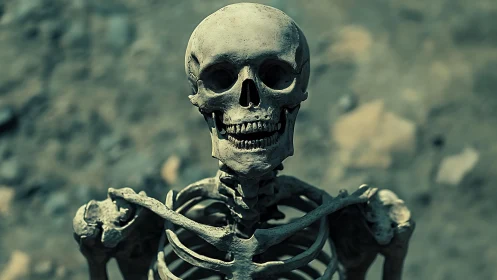 Sunlit skeleton grins patiently into the dusty afternoon haze