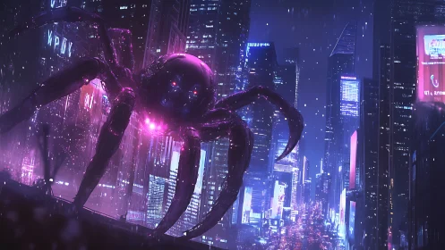 Giant robotic spider in neon lit cyberpunk cityscape at night.