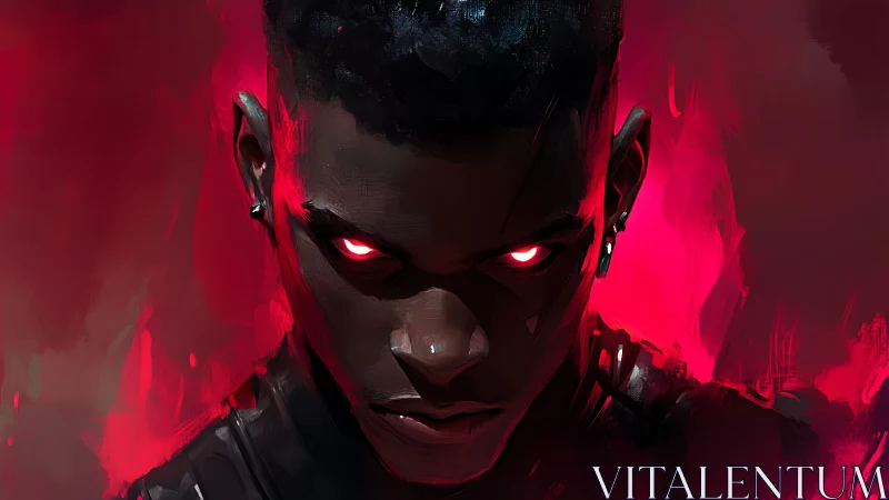 Red-eyed warrior stands in intense neon crimson light