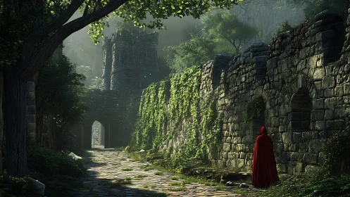 Cloaked wanderer enters ivy-choked ruins at forest&rsquo;s edge