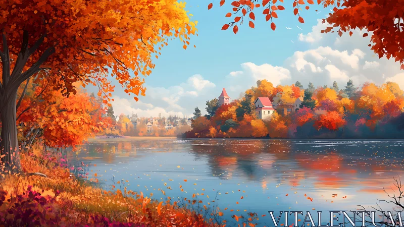 Digital autumn riverside landscape depicts distant village