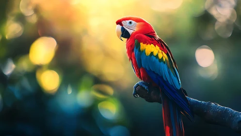 Vibrant scarlet macaw perched on branch in dreamy bokeh light.