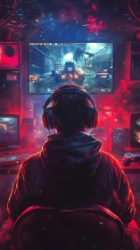 Nighttime gamer settles into a neon-lit world of adventure