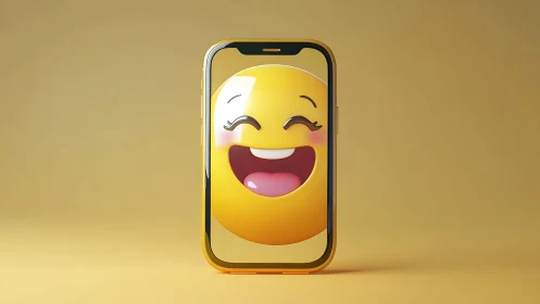 Happy emoji face on smartphone screen, minimalist 3D digital art.