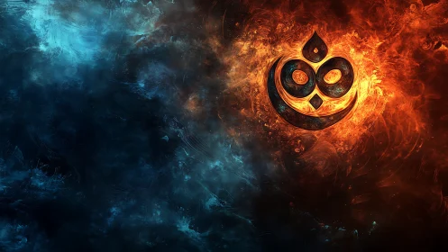 Fiery sigil burns against swirling ice blue void.