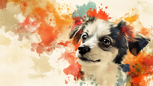 Playful puppy portrait glows amid vibrant watercolor splashes