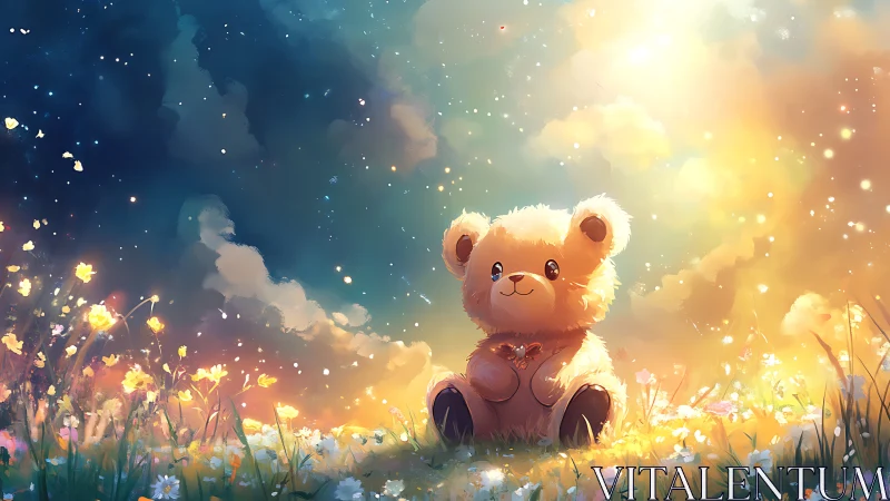 Teddy bear sits in glowing meadow under colorful sky at dusk