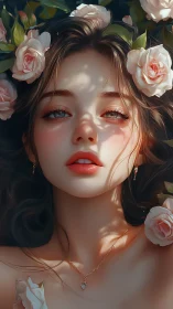 Soft sunrise muse framed in lush garden roses.