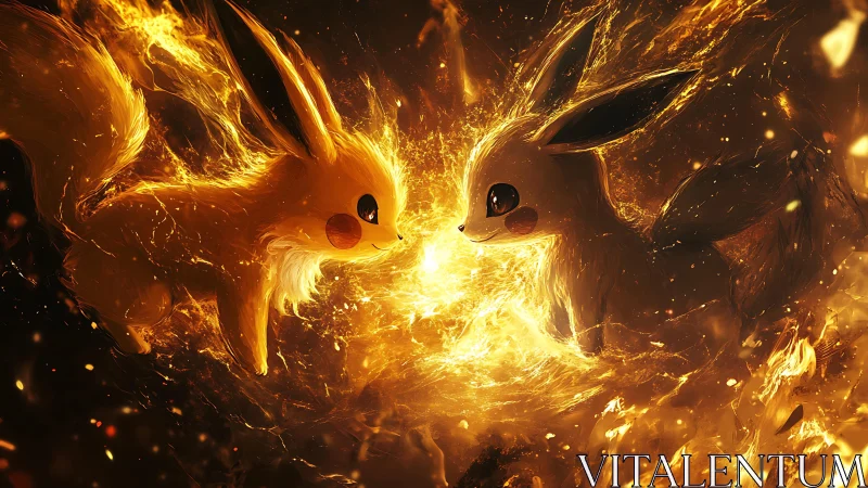 Twin electric fox spirits clash in a storm of molten starlight.