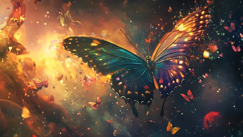 Nebula-winged butterfly ignites a cosmic bloom of color.