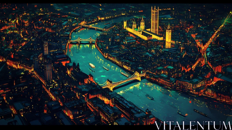 Neon river lights weaving through a dreamlike night city.