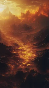 Volcanic basalt valley with molten lava river under burning sky.