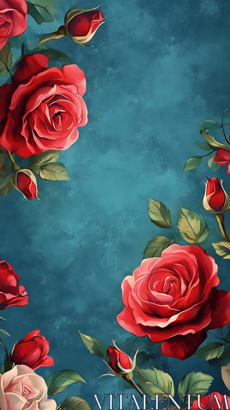 Red Roses Arranged on Deep Teal Textured Background