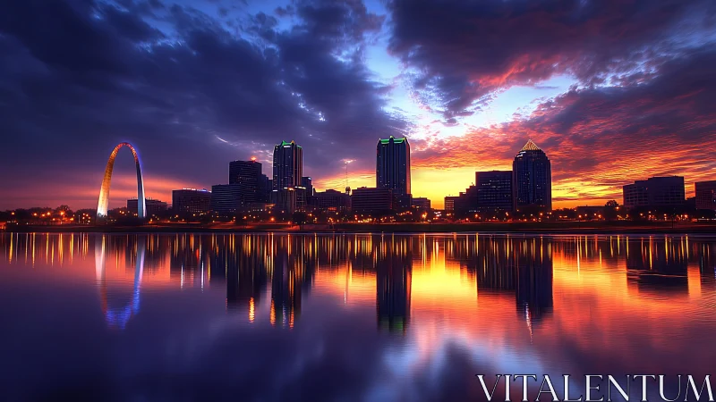 River mirrors the neon dawn rising behind a quiet skyline