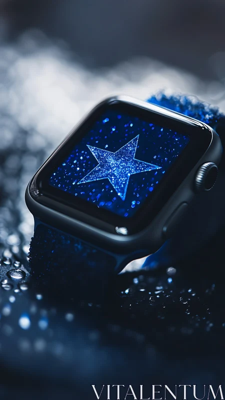 Star-splashed smartwatch glows in deep midnight droplets.