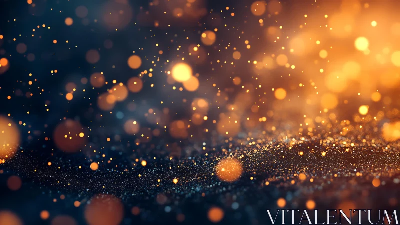 Golden bokeh particles floating in dark blue abstract background.